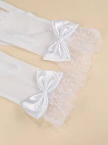 1 雙女士優雅蝴蝶結、圓點和蕾絲網狀手飾手套,適合派對、活動和日常使用 - 白色 - 查看 2