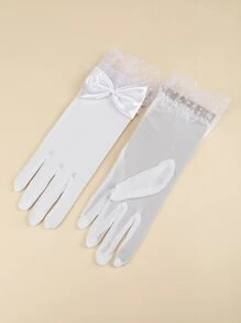 1 雙女士優雅蝴蝶結、圓點和蕾絲網狀手飾手套,適合派對、活動和日常使用 - 白色 - 查看 3