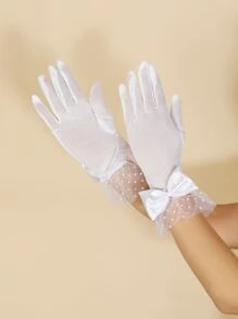 1 雙女士優雅蝴蝶結、圓點和蕾絲網狀手飾手套,適合派對、活動和日常使用 - 白色 - 查看 4