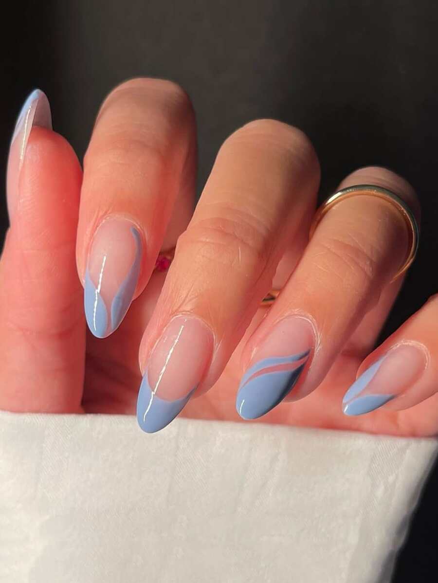 Mejore su aspecto con 24 uñas postizas cortas de color azul almendra y francés, 1 lima de uñas y 1 hoja de cinta - Multicolor - Ver 1