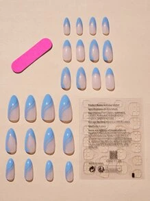 Mejore su aspecto con 24 uñas postizas cortas de color azul almendra y francés, 1 lima de uñas y 1 hoja de cinta - Multicolor - Ver 2