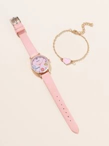 1pc Girls Heart Print Dial Quartz Watch & 1pc Bracelet - Pink - View 2