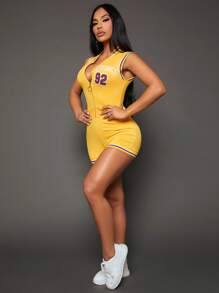 SHEIN SXY 字母圖案拉鏈開襟條紋飾邊彈力緊身連體短褲 - 黃色 - 查看 3