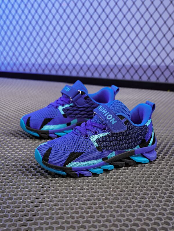 Boys Letter Detail Color Block Running Shoes, Fabric Lace-up Front Sneakers