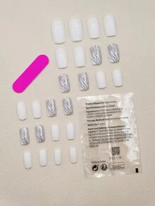 24pcs Long Square Zebra Striped Fake Nail & 1pc Nail File & 1sheet Tape Nails - Multicolor - View 2