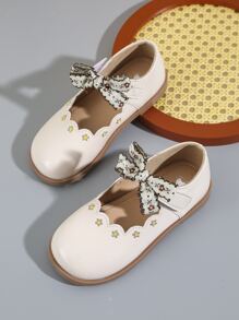 女孩花卉刺繡貝殼邊蝴蝶結裝飾瑪麗珍學院戶外平底鞋