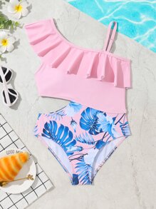 Chicas Bañador una pieza con estampado tropical ribete con fruncido con abertura - Rosa Pálido - Ver 1