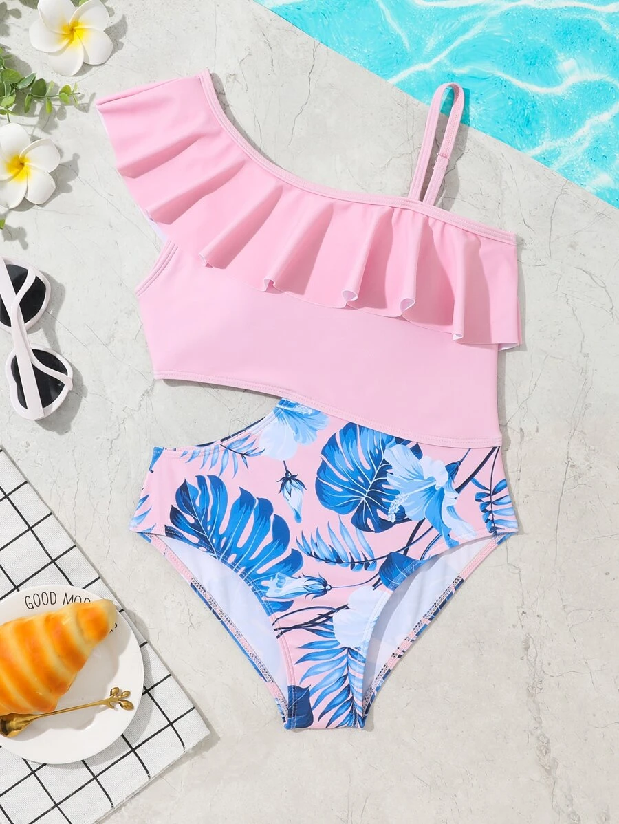 Chicas Bañador una pieza con estampado tropical ribete con fruncido con abertura - Rosa Pálido - Ver 1