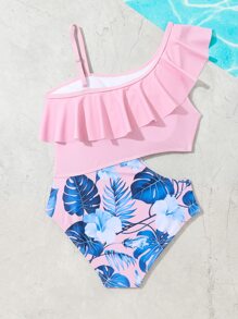 Chicas Bañador una pieza con estampado tropical ribete con fruncido con abertura - Rosa Pálido - Ver 2