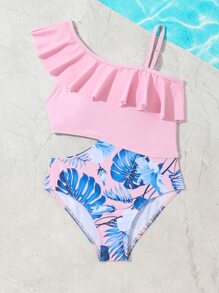 Chicas Bañador una pieza con estampado tropical ribete con fruncido con abertura - Rosa Pálido - Ver 5