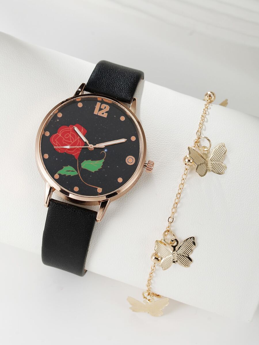 1pc Floral Dial Quartz Watch & 1pc Bracelet - Black - View 1