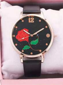 1pc Floral Dial Quartz Watch & 1pc Bracelet - Black - View 4