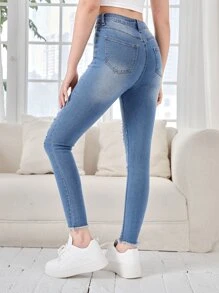 SHEIN Teen Girl Ripped Raw Hem Jeans - Light Wash - View 2