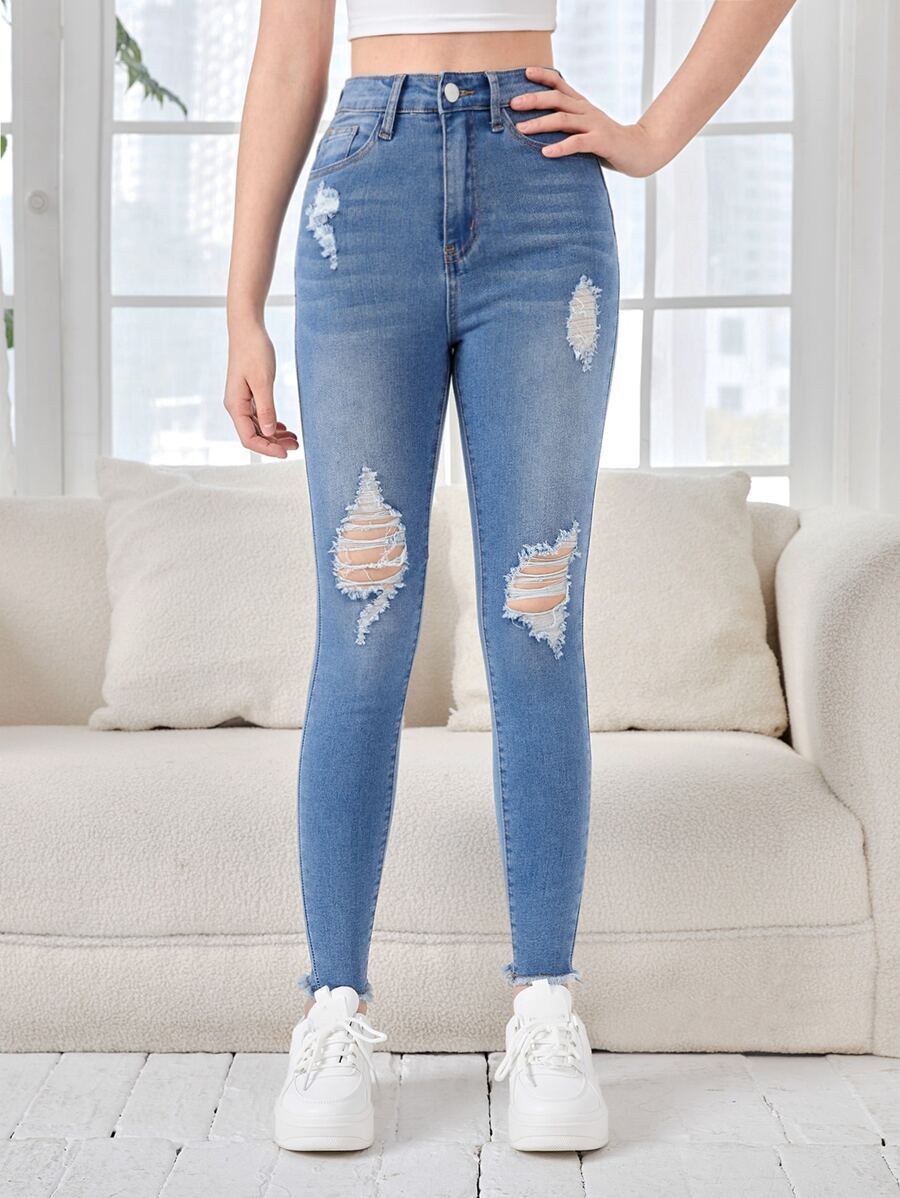 SHEIN Teen Girl Ripped Raw Hem Jeans - Light Wash - View 1