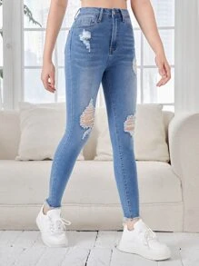 SHEIN Teen Girl Ripped Raw Hem Jeans - Light Wash - View 5