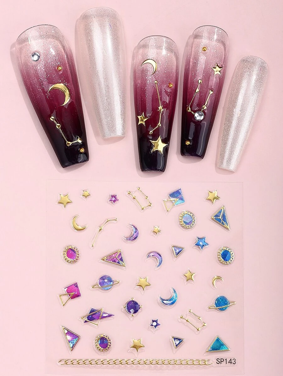 Beauty Sticker 1 hoja Pegatina de arte de uña con patrón de estrella y luna - Multicolor - Ver 1