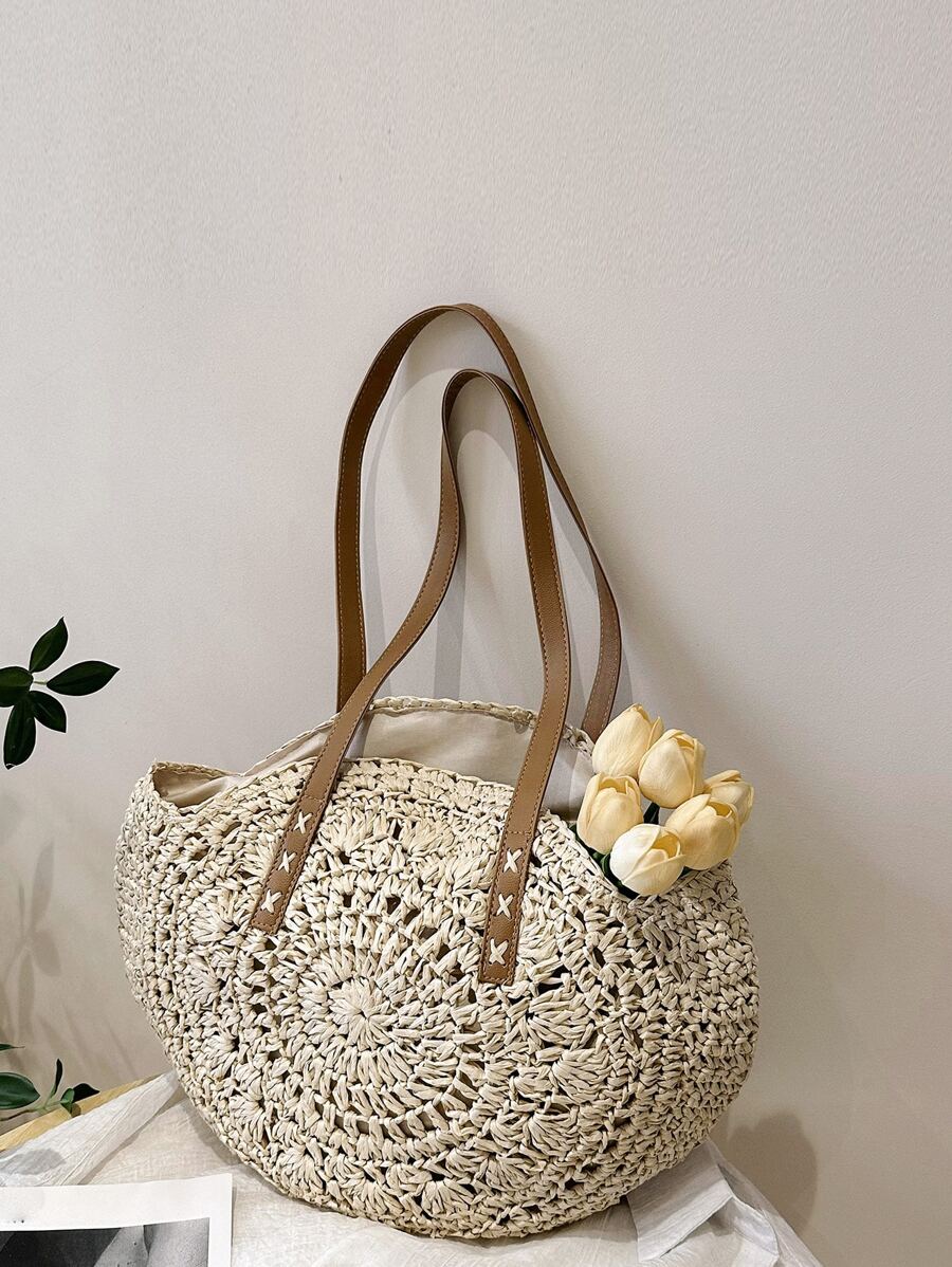 1入實色編織草海灘度假風格大容量女士單肩手提包，適用於日常使用 - 米色 - 查看 1