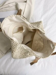 1入實色編織草海灘度假風格大容量女士單肩手提包，適用於日常使用 - 米色 - 查看 4