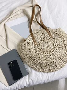 1入實色編織草海灘度假風格大容量女士單肩手提包，適用於日常使用 - 米色 - 查看 5