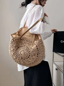 1個純色草編包，海灘假期風格，女性日常使用的超大容量肩托包 - 卡其色 - 查看 2