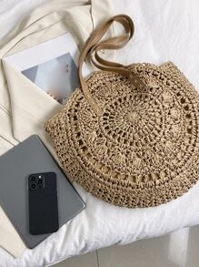 1個純色草編包，海灘假期風格，女性日常使用的超大容量肩托包 - 卡其色 - 查看 5