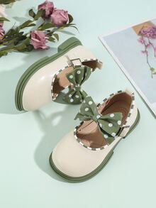 女孩蝴蝶結裝飾拼接滾邊瑪麗珍學院戶外平底鞋