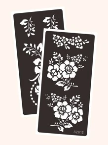 纹身模板套件，2 张花卉图案纹身模板，适用于女士和女孩，可重复使用的手部指甲花模板，DIY 纹身模板，面部彩绘人体艺术纹身贴纸 - 黑色 - 查看 4
