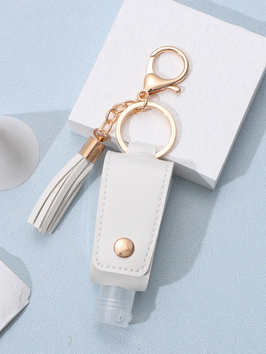 Hand Sanitizer Bottle & Tassel Charm Keychain - White - View 1