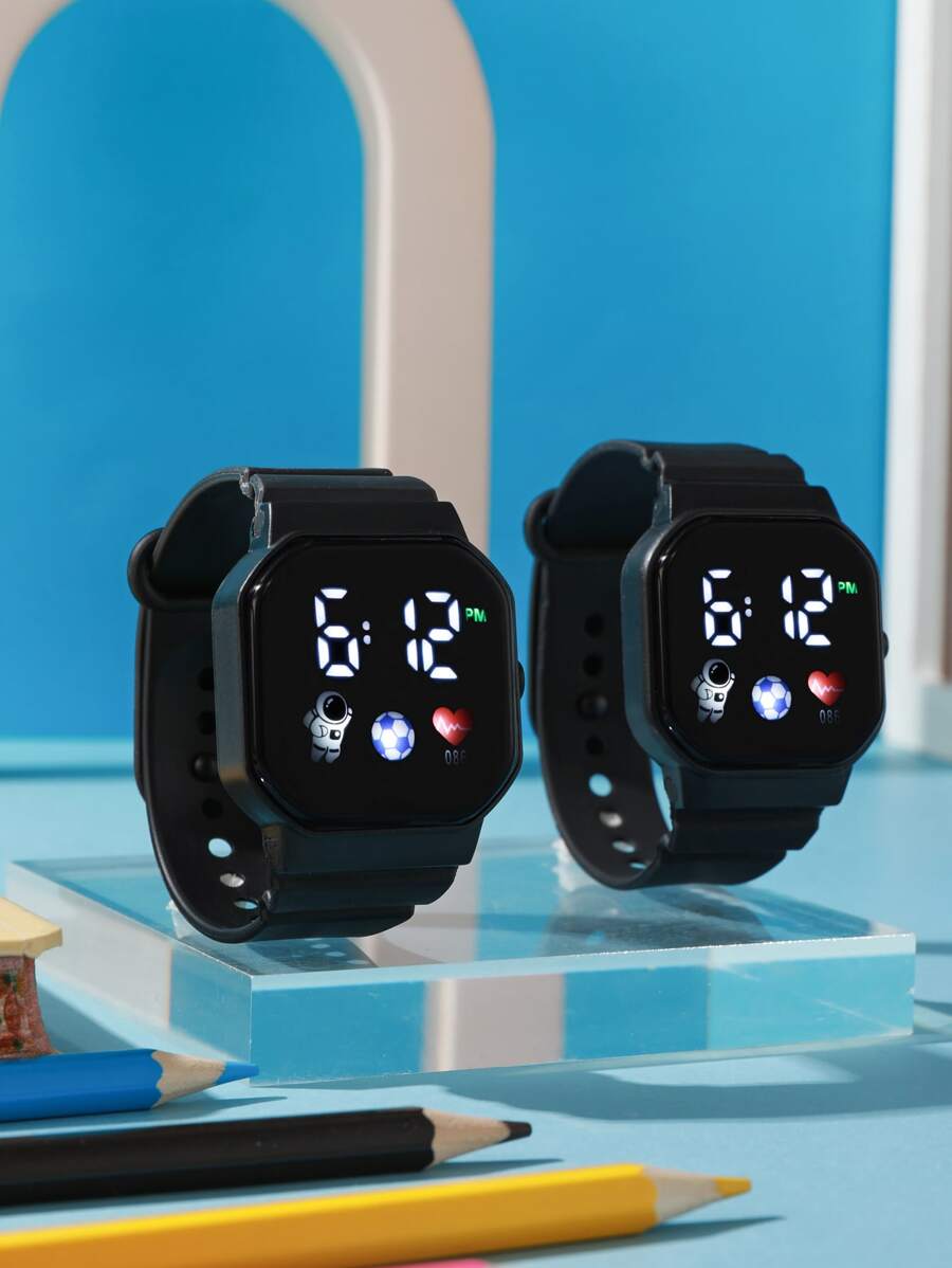 2pcs/Set Kids' Square Football & Heart Shaped Digital LED Wrist Watch, Affordable Price, Suitable For Students, Fashionable Electronic Watch For Daily Life, School, Party, Travel, Also A Perfect Birthday Gift For Boys And Girls - Black - View 1