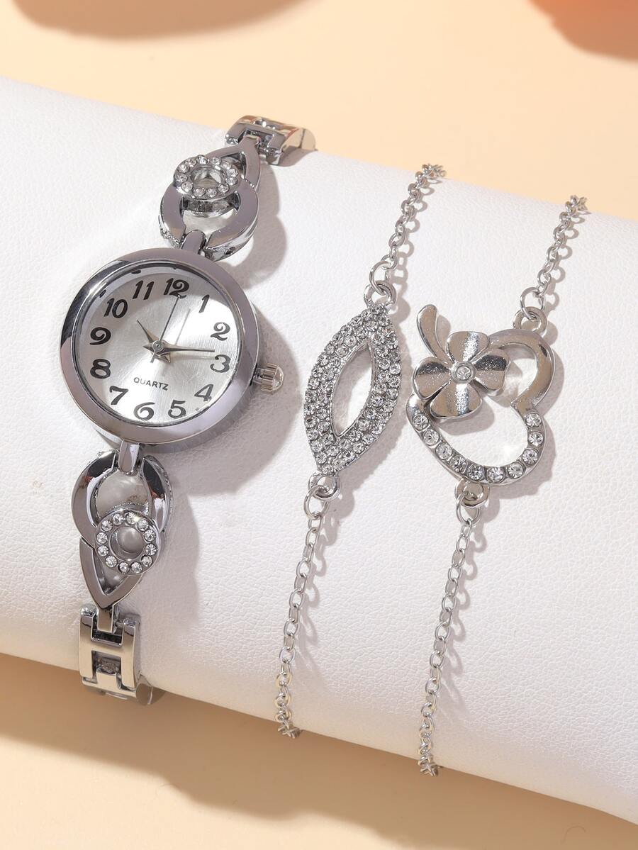 1pc Rhinestone Decor Quartz Watch & 2pcs Bracelet - Silver - View 1