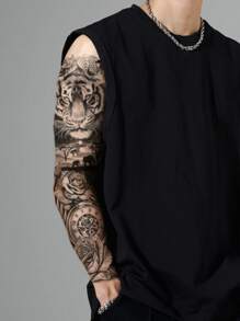 STARTTOOS 1入組全袖暫時性紋身貼紙,有老虎、大象、時鐘和花卉圖案 - 黑色 - 查看 2