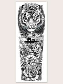 STARTTOOS 1入組全袖暫時性紋身貼紙,有老虎、大象、時鐘和花卉圖案 - 黑色 - 查看 3