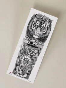 STARTTOOS 1入組全袖暫時性紋身貼紙,有老虎、大象、時鐘和花卉圖案 - 黑色 - 查看 4