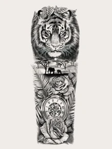 STARTTOOS 1入組全袖暫時性紋身貼紙,有老虎、大象、時鐘和花卉圖案 - 黑色 - 查看 5