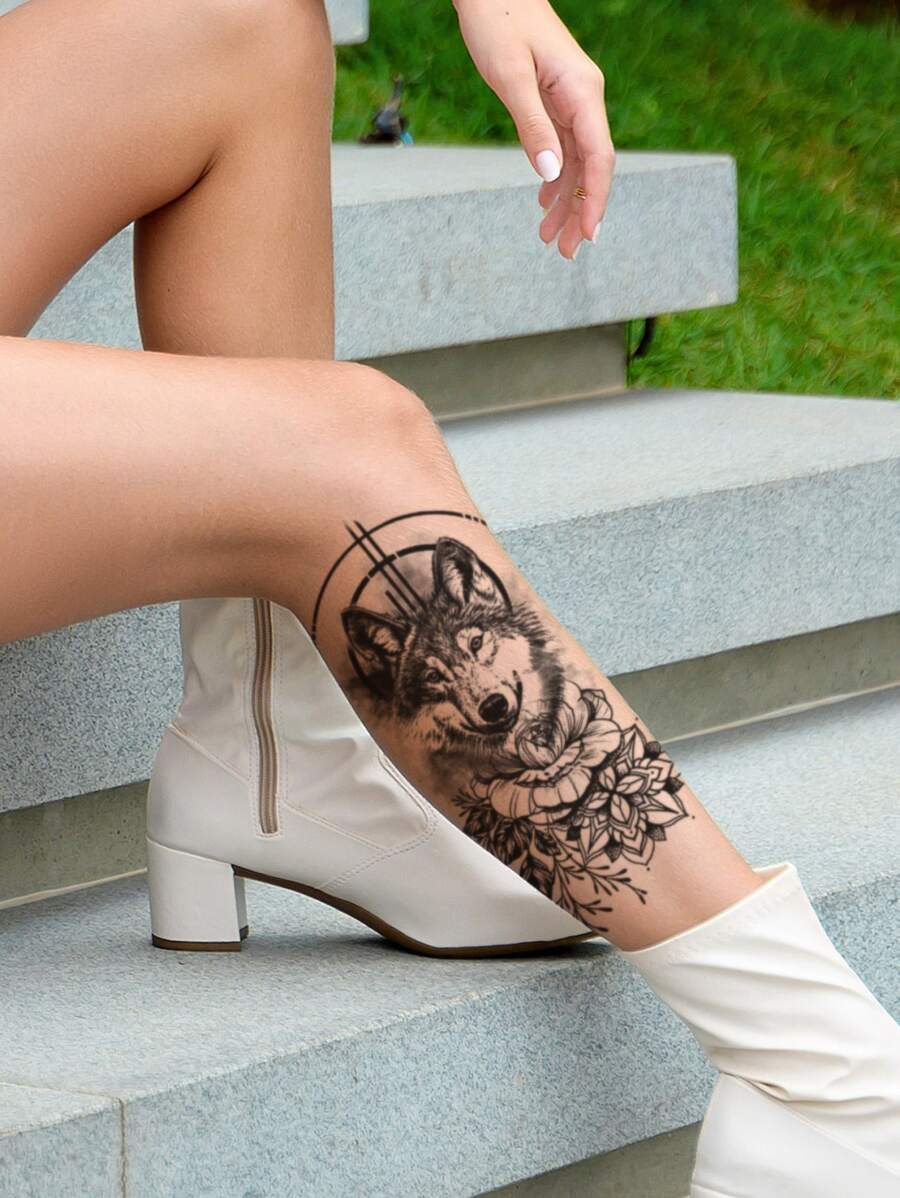 1 pieza Tatuaje temporal de lobo y flores, apto para uso diario - Negro - Ver 1