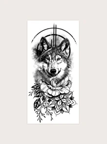 1 pieza Tatuaje temporal de lobo y flores, apto para uso diario - Negro - Ver 2