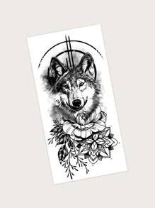 1 pieza Tatuaje temporal de lobo y flores, apto para uso diario - Negro - Ver 3