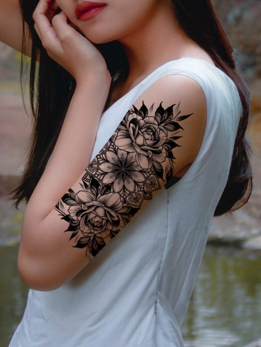 Tattoo Sticker,1 Sheet Flower Print Temporary Tattoos For Women,Tattoo Stickers Adults,Realistic Tattoo Flower,For Women and Girls - Black - View 1