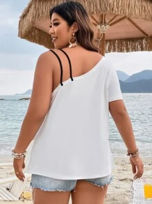SHEIN LUNE Áo thun Plus size Bất đối xứng Sọc ngựa vằn Giải trí - trắng - Xem 2