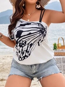 SHEIN LUNE Áo thun Plus size Bất đối xứng Sọc ngựa vằn Giải trí - trắng - Xem 6