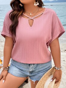 SHEIN LUNE Áo sơ mi Plus Size Hội Chữ thập Ngọc trai màu trơn Giải trí - Hồng - Xem 1