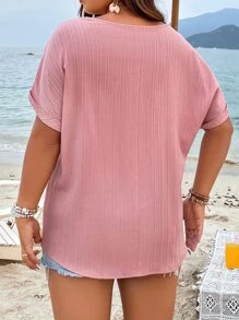 SHEIN LUNE Áo sơ mi Plus Size Hội Chữ thập Ngọc trai màu trơn Giải trí - Hồng - Xem 2