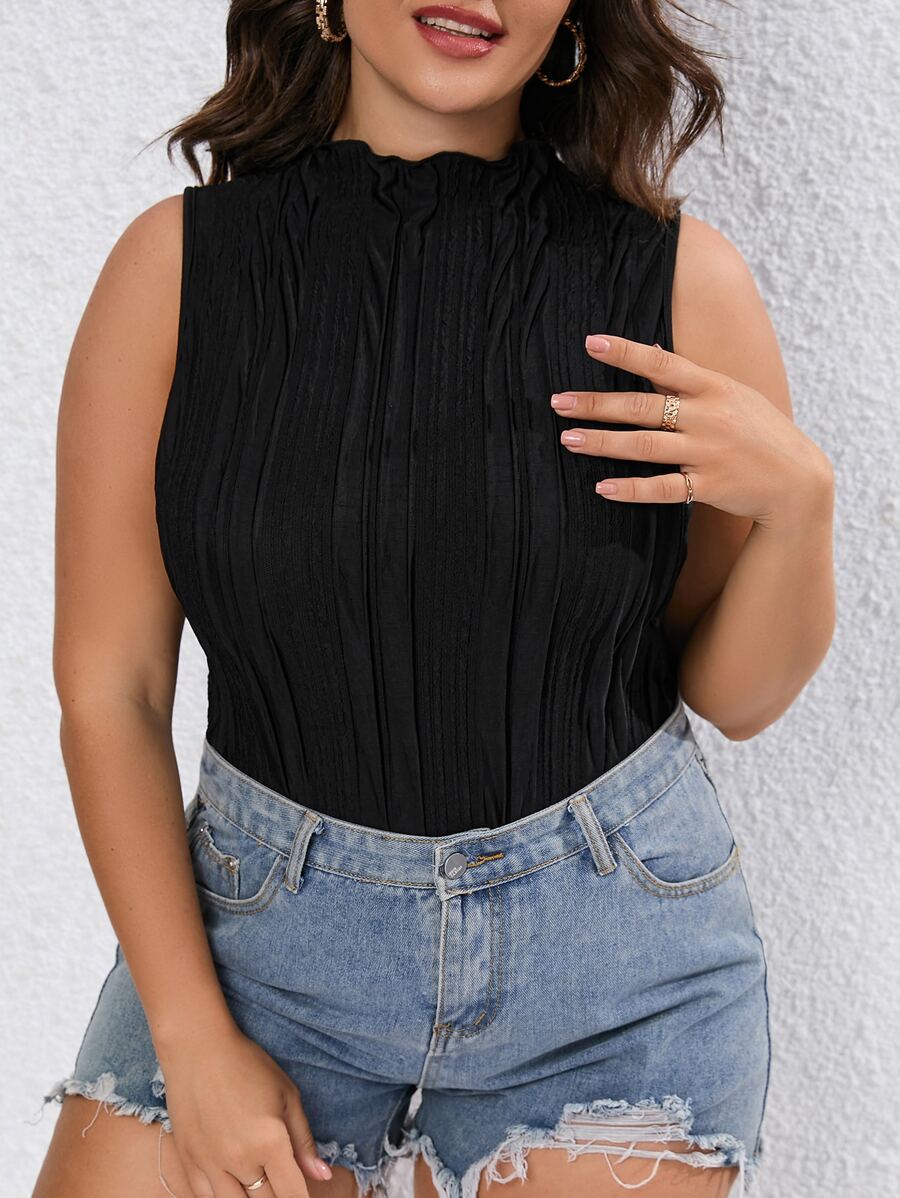 SHEIN LUNE Plus Solid Mock Neck Bodysuit - Black - View 1