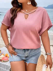 SHEIN LUNE Áo sơ mi Plus Size Hội Chữ thập Ngọc trai màu trơn Giải trí - Hồng - Xem 3
