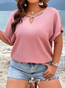 SHEIN LUNE Áo sơ mi Plus Size Hội Chữ thập Ngọc trai màu trơn Giải trí - Hồng - Xem 6