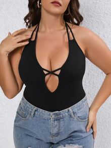 SHEIN Clasi Áo liền quần chặt Kích thước lớn Hội Chữ thập Dây kéo màu trơn Gợi cảm - màu đen - Xem 3