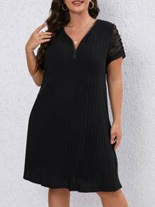 SHEIN LUNE Plus Contrast Lace V Neck Dress - Black - View 1
