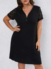 SHEIN LUNE Plus Contrast Lace V Neck Dress - Black - View 5