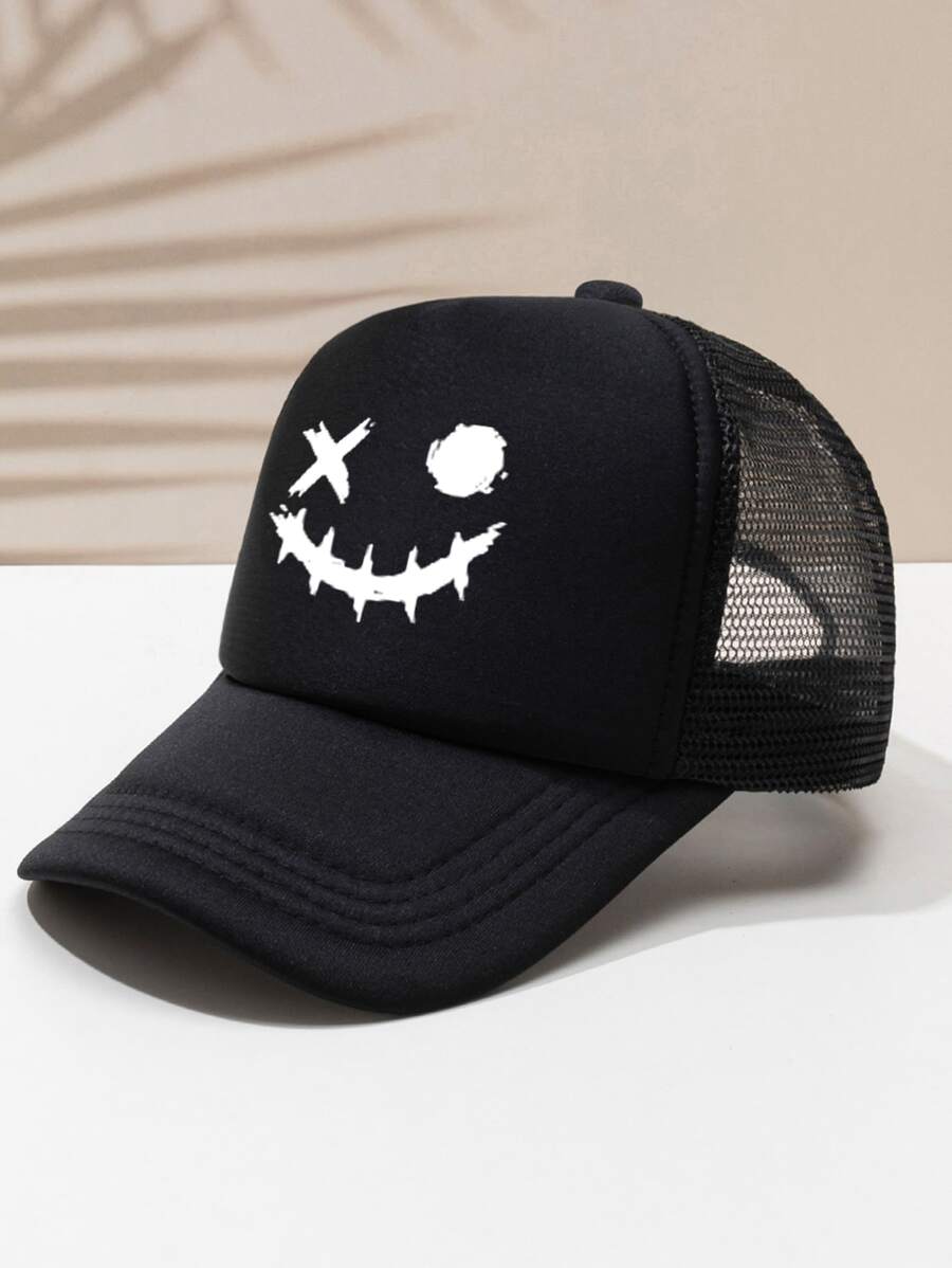 Men Expression Print Trucker Hat Street Halloween Skull Skeleton - Black - View 1