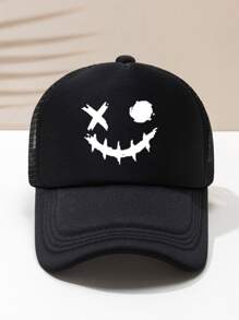 Men Expression Print Trucker Hat Street Halloween Skull Skeleton - Black - View 2